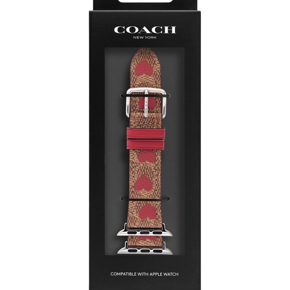 COACH Signature Tan Logo Red Heart Motif Leather 38 40 MM Apple Watch Band Strap - Picture 2 of 13